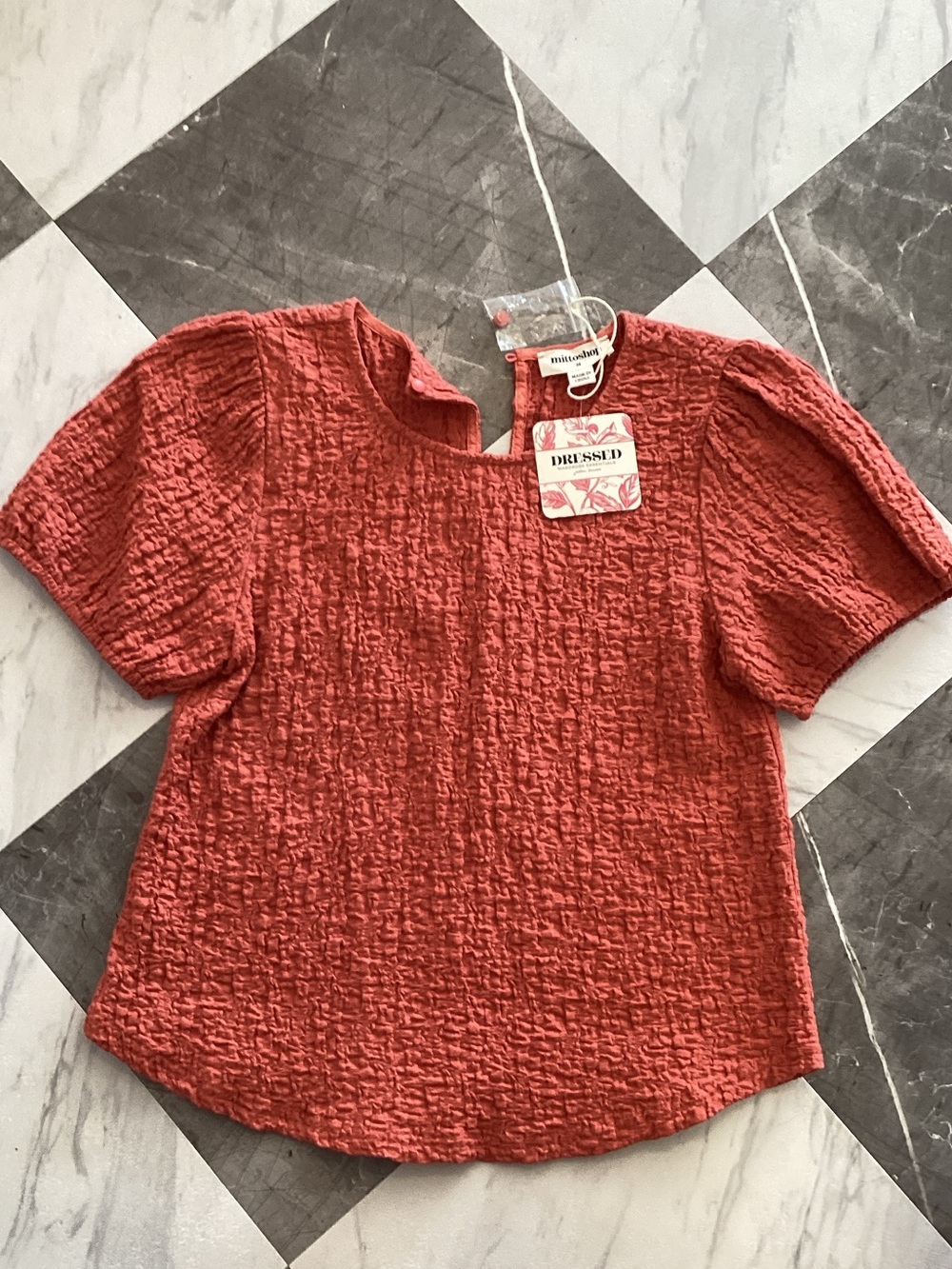 044 mittoshop Coral Red Textured Short Sleeve Top
